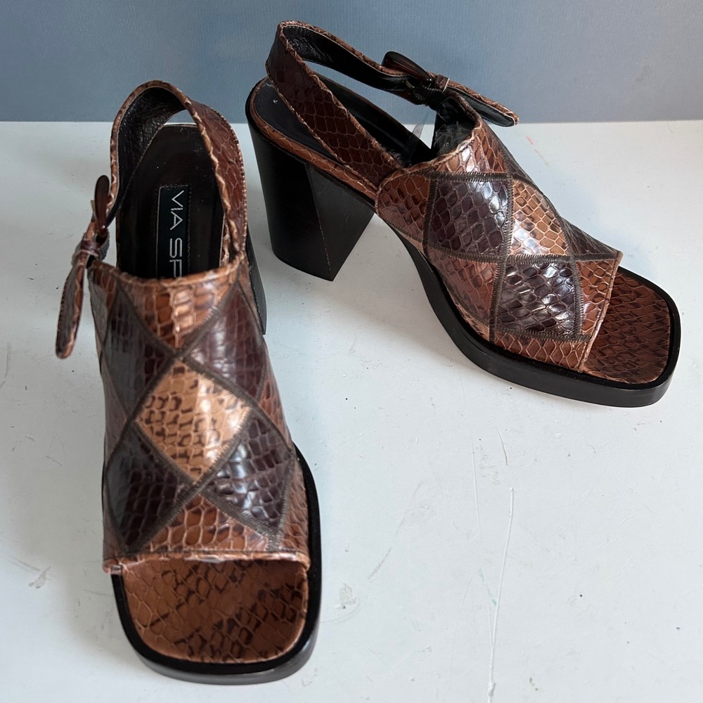 Y2K Via Spiga Patchwork Snakeskin Slingback Block Heel Sandal Brown Size 7 Italy